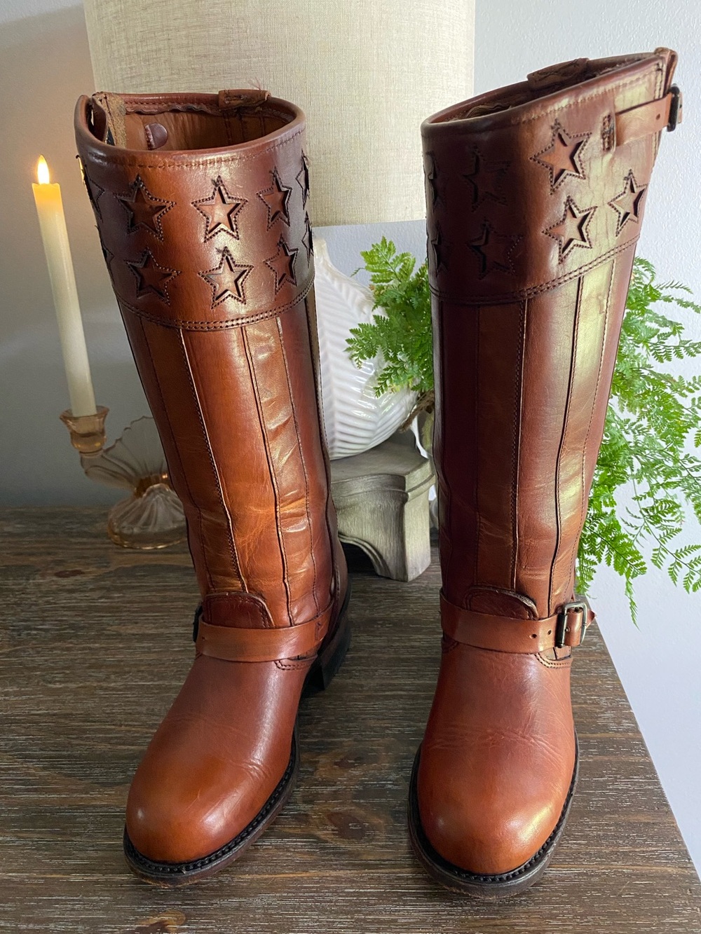 RARE Frye Engineer Americana Ltd Ed Anniversary Leather Tall Boots Women 7.5 Tan - Picture 3 of 16